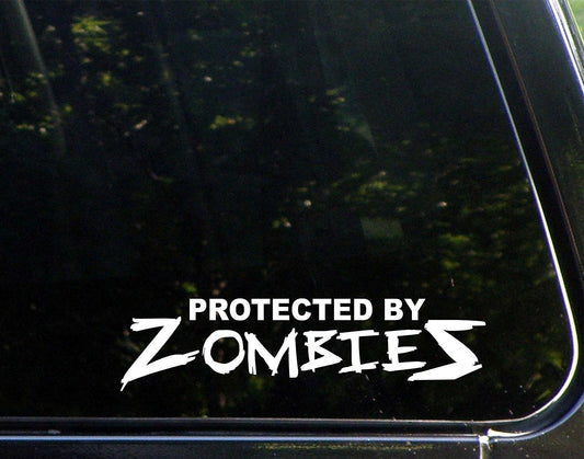 New Brand Protected by Zombies - 8inches X 2inches - Vinyl Die Cut Decal/ Bumper Sticker for Windows, Cars, Trucks, Laptops, Etc.
