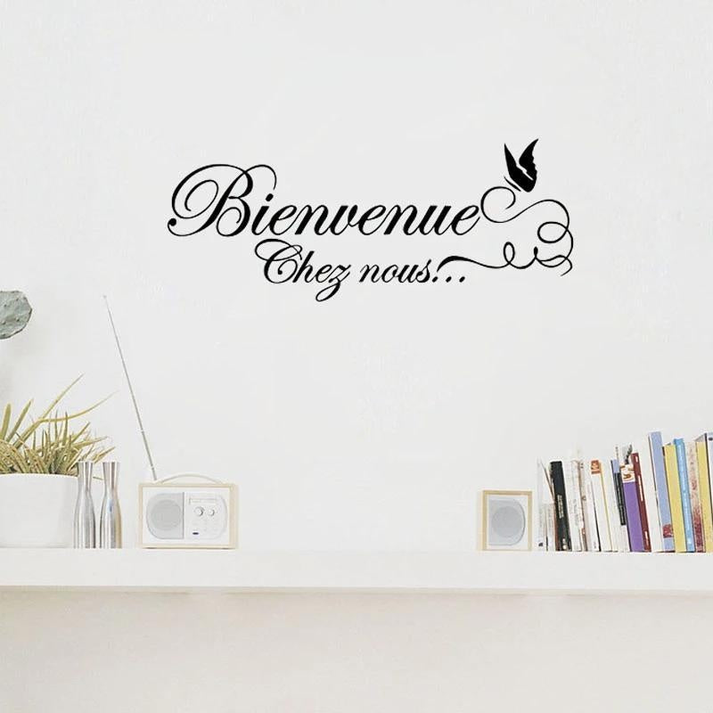French Quote welcome with Butterfly Fitness Wall Sticker Decal for Home Living Room Bedroom Family Wall Art Decor black