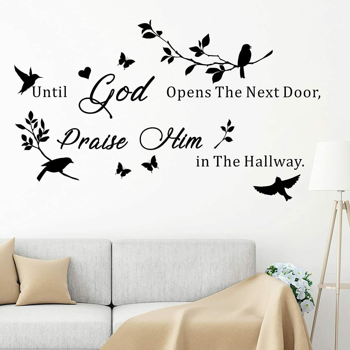 GOD OPENS THE DOOR PRAISE HIM Birds Quote Wall Sticker Decal Jesus Christian Religious for Home Living Room Bedroom Family Wall Art Decor Black