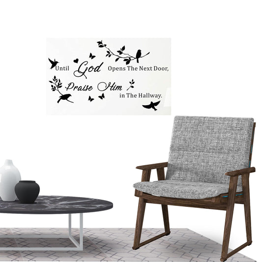 GOD OPENS THE DOOR PRAISE HIM Birds Quote Wall Sticker Decal Jesus Christian Religious for Home Living Room Bedroom Family Wall Art Decor Black