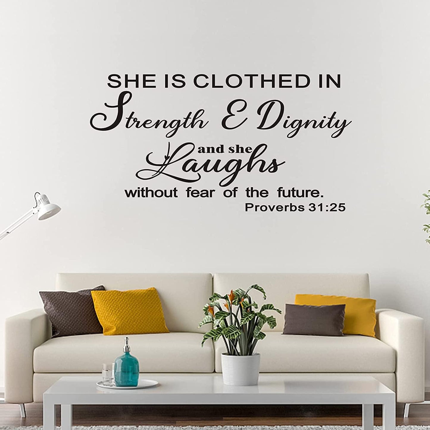 Wall Decals for Living Room, Wall Decals Quotes, Bible Verse Scripture Home Decor Art Vinyl Stickers She is Clothed in Strength and Dignity and She Laughs Without Fear of The Future 28.6"x15"