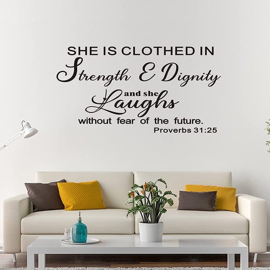 Wall Decals for Living Room, Wall Decals Quotes, Bible Verse Scripture Home Decor Art Vinyl Stickers She is Clothed in Strength and Dignity and She Laughs Without Fear of The Future 28.6"x15"