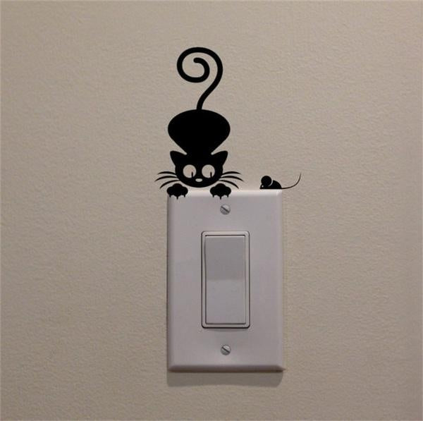Crouching Cat Watching Mouse on Light Switch Decal Vinyl Wall Decal Sticker Art Living Room Carving Wall Decal Sticker for  Room Home Window Decoration