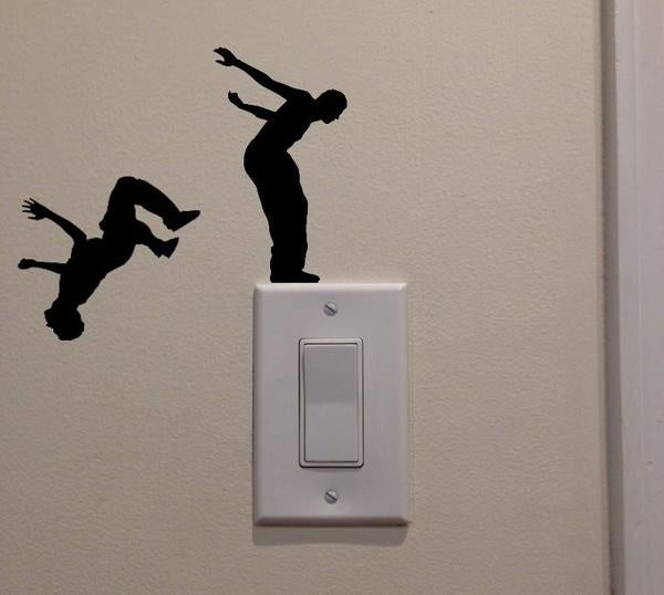Two Men Jumping Back Flip Off Light Switch Decal Vinyl Wall Decal Sticker Art Living Room Carving Wall Decal Sticker for  Room Home Window Decoration