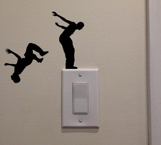 Two Men Jumping Back Flip Off Light Switch Decal Vinyl Wall Decal Sticker Art Living Room Carving Wall Decal Sticker for  Room Home Window Decoration