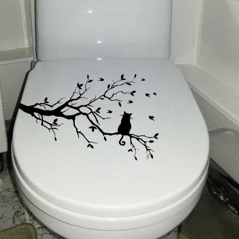 23.6X14.1CM Cat On A Branch Animal Wall Sticker Toilet Decal Transfer Tree Home T5-0091