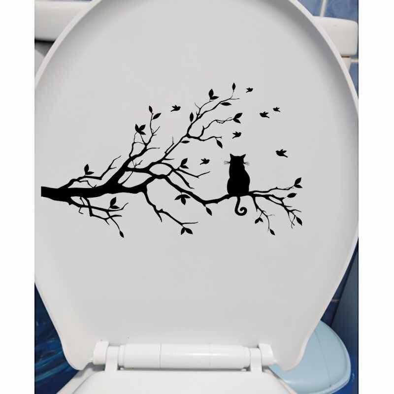 23.6X14.1CM Cat On A Branch Animal Wall Sticker Toilet Decal Transfer Tree Home T5-0091