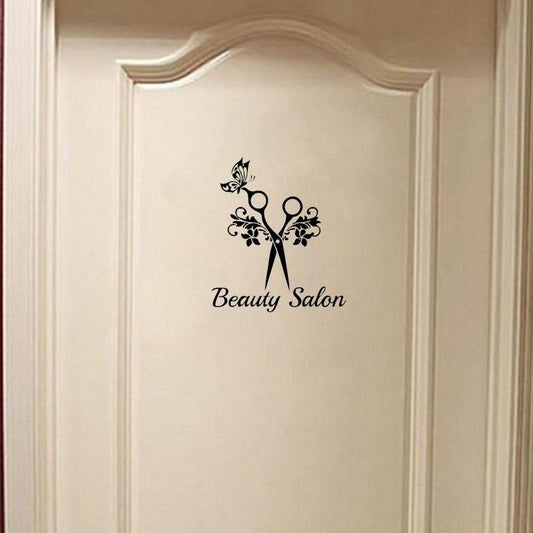 Beauty Salon Quote  Art Scissors Butterfly Door Sticker Funny Home Decoration Accessories Wall Sticker For Barbershop A2231