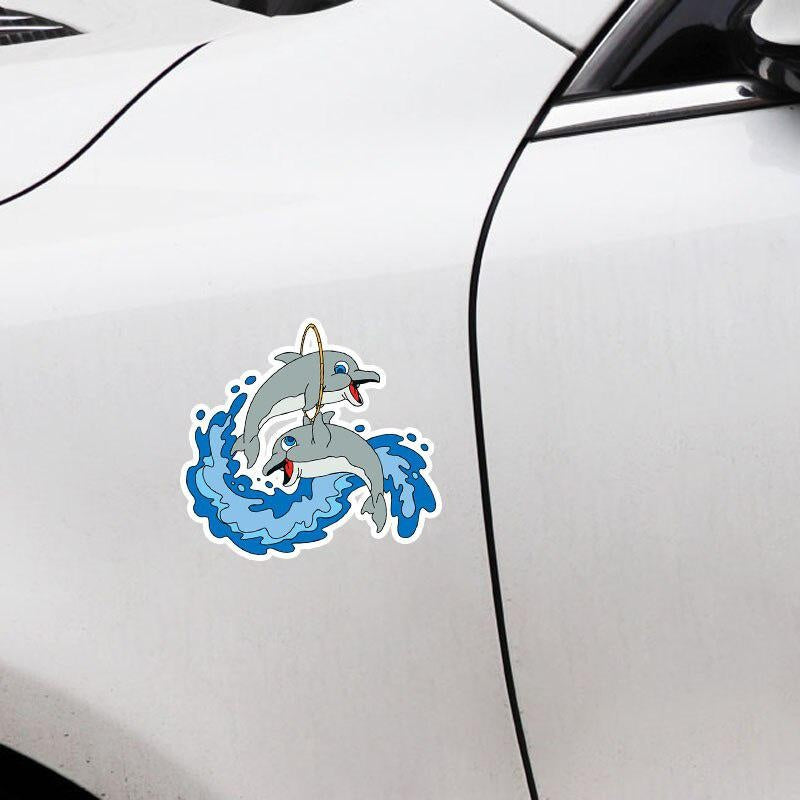 15CM*14CM Cartoon Dolphin Jump Circle PVC Car Exterior Car Sticker Decal