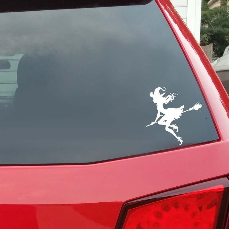 New Fashion 13*13CM Evil Witch Flying In The Sky Girl Car Sticker  Design  Cool Style Black/Silver Vinyl Decal C20-0975
