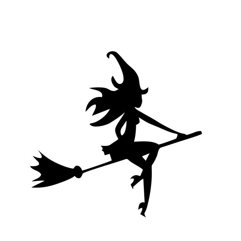 12.7*12.2CM  Halloween Sexy Witch Broom Car Stickers Cartoon Waterproof Vinyl  Decals Black/Silver C7-0842