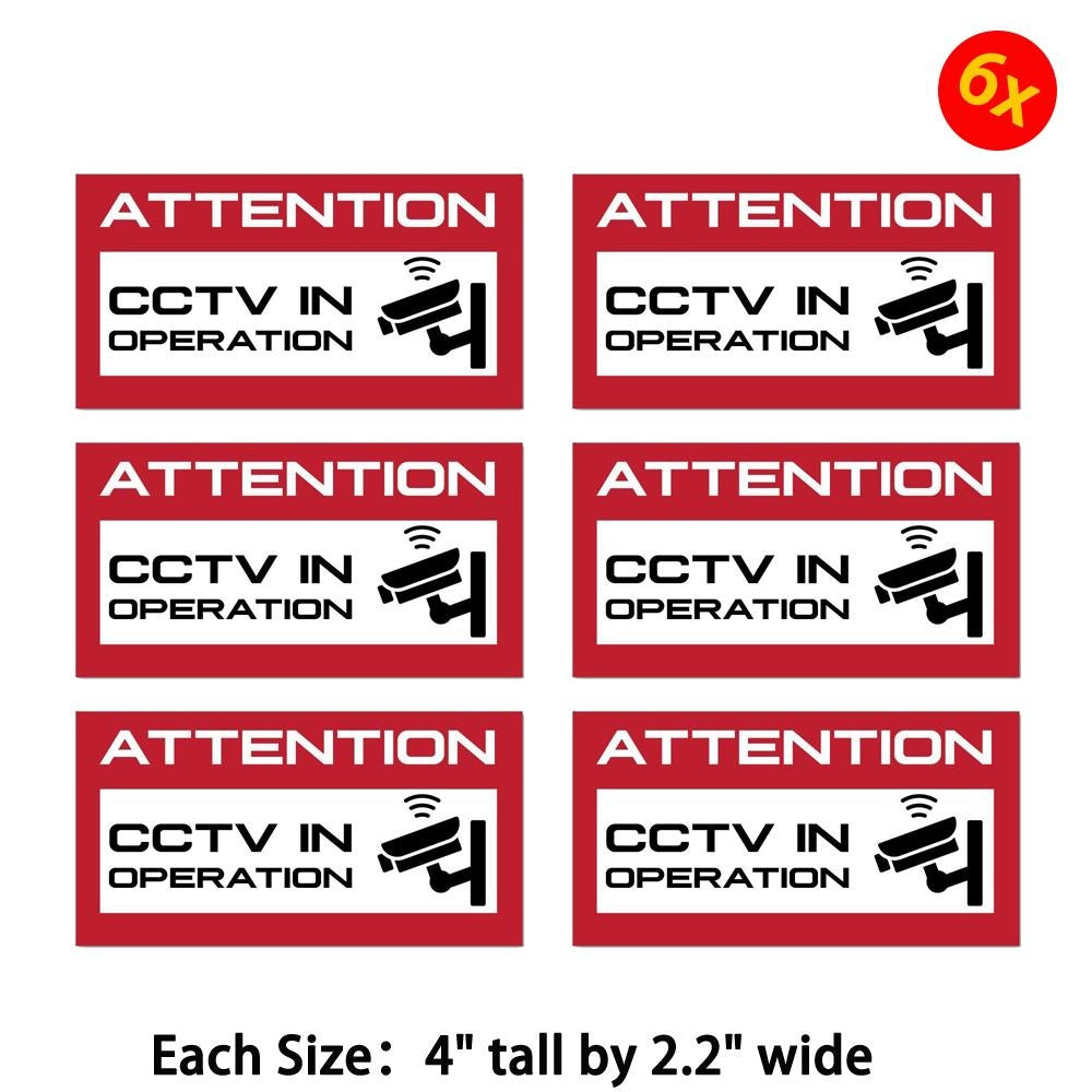 6X Attention Cctv In Operation Red Warning Sign Camera Security Car Sticker Decal
