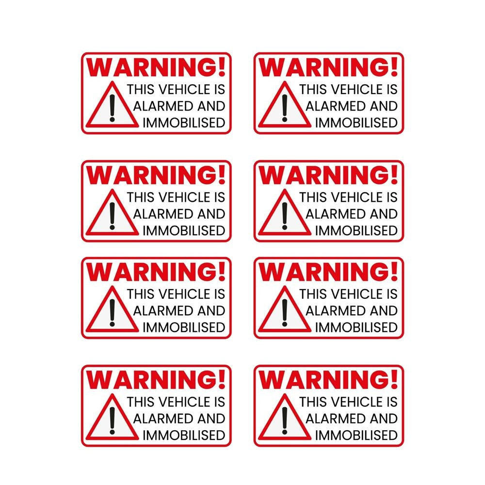 Pack of 8 70mmx25mm Warning This Vehicle Is Alarmed And Immobilised Car Safety Vinyl Stickers