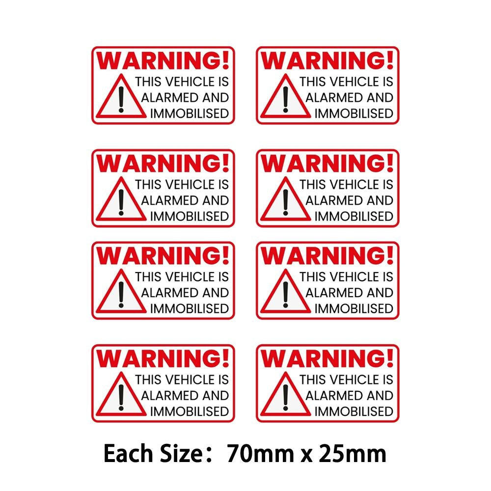 Pack of 8 70mmx25mm Warning This Vehicle Is Alarmed And Immobilised Car Safety Vinyl Stickers