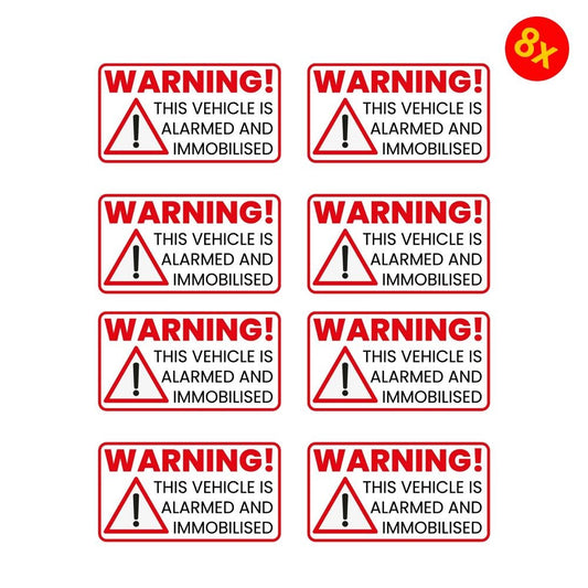 Pack of 8 70mmx25mm Warning This Vehicle Is Alarmed And Immobilised Car Safety Vinyl Stickers