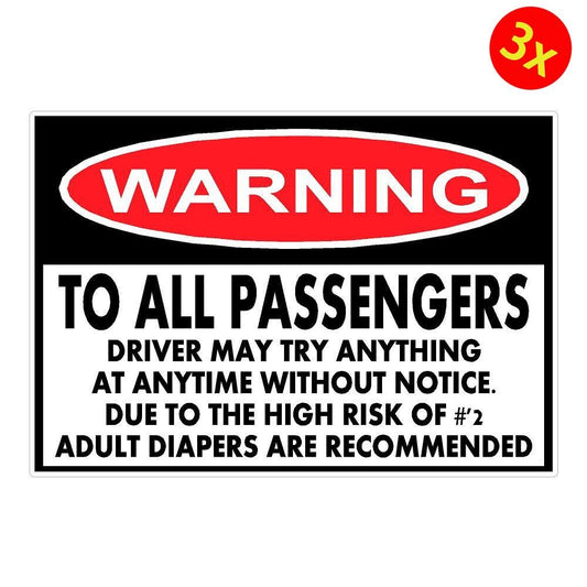 3X Warning To All Passengers Adult Diapers Funny Vinyl Sticker Window Decal JDM