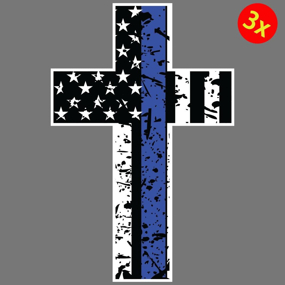 3X Thin Blue Line Cross Vinyl Sticker Car Truck Window Decal Police Officer Lives