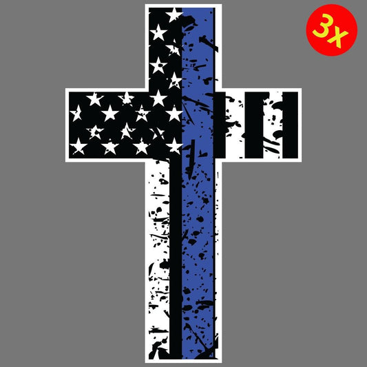 3X Thin Blue Line Cross Vinyl Sticker Car Truck Window Decal Police Officer Lives
