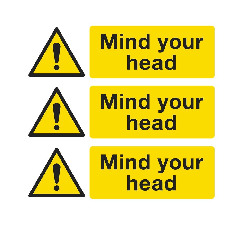 Pack of 3 150 x 50mm Warning Safety Sign Mind Your Head Self Adhesive Vinyl