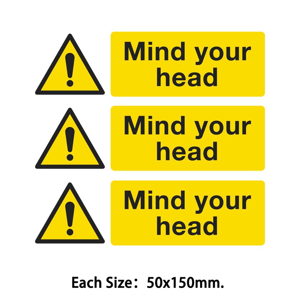Pack of 3 150 x 50mm Warning Safety Sign Mind Your Head Self Adhesive Vinyl