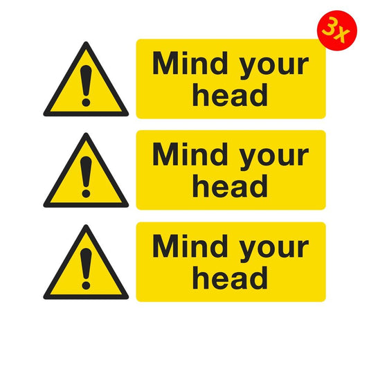 Pack of 3 150 x 50mm Warning Safety Sign Mind Your Head Self Adhesive Vinyl