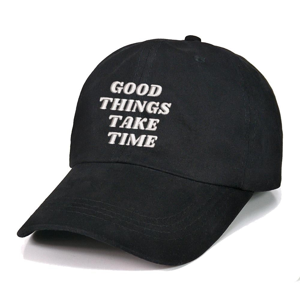 Unisex Baseball Caps, Good Things take time Text Embroidery, 100% Cotton - Adjustable Stylish and Comfortable Hats