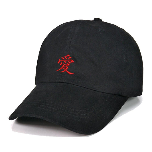 Red Love Japanese Kanji Text Embroidery Baseball Cap Unisex Cotton Adjustable Stylish and Comfortable Hat Man Woman